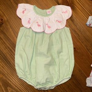 Green and White Kids Bodysuit with Flamingo Design